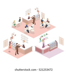 Isometric interior of sweet-shop. People sit at the table and eating. Flat 3D illustration