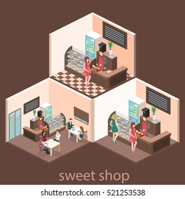 Isometric interior of sweet-shop. People sit at the table and eating. Flat 3D illustration