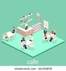 Isometric interior of sweet-shop. People sit at the table and eating. Flat 3D illustration