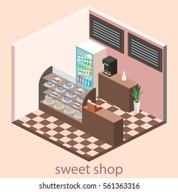 Isometric interior of sweet-shop. People sit at the table and eating. Flat 3D illustration