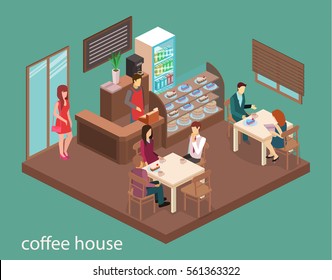 Isometric interior of sweet-shop. People sit at the table and eating. Flat 3D illustration