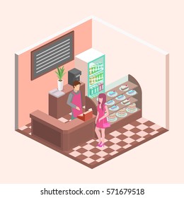 Isometric interior of sweet-shop. People sit at the table and eating. Flat 3D illustration