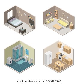 Isometric interior vector illustration modern set of bathroom, kitchen, living room, bedroom.