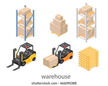 isometric interior of warehouse. The boxes are on the shelves. Flat 3d illustration.