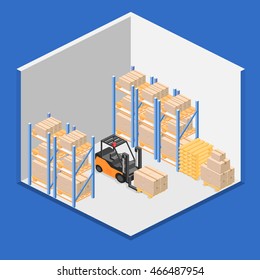 isometric interior of warehouse. The boxes are on the shelves. Flat 3d illustration.