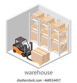 isometric interior of warehouse. The boxes are on the shelves. Flat 3d illustration.