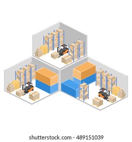 isometric interior of warehouse. The boxes are on the shelves. Flat 3d vector illustration.