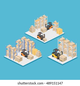 isometric interior of warehouse. The boxes are on the shelves. Flat 3d vector illustration.