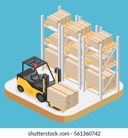 isometric interior of warehouse. The boxes are on the shelves. Flat 3d illustration.