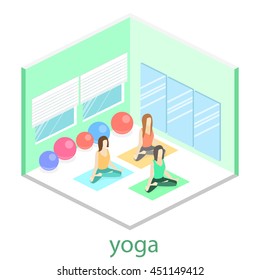 Isometric interior of yoga class. people do yoga. Flat 3D illustration.