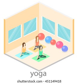 Isometric interior of yoga class. people do yoga. Flat 3D illustration.