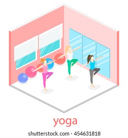 Isometric interior of yoga class. people do yoga. Flat 3D illustration.