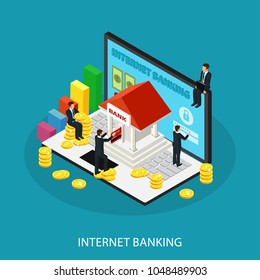 Isometric internet banking service concept with businessmen building gold coins card and graphs on laptop isolated vector illustration