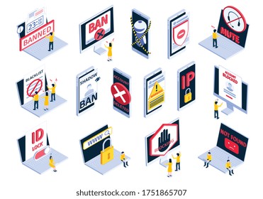 Isometric Internet bloqueo sitios web prohibidos conjunto de iconos con cuenta bloqueada no se encontró sombra prohibición lista negra descripciones de bloqueos vectoriales