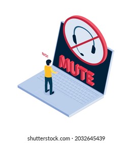 Isometric Internet Blocking Icon With Mute Notification On Laptop And Character 3d Vector Illustration