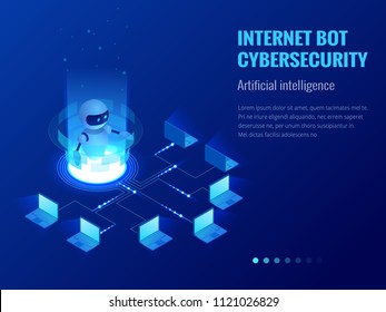 Isometric Internet bot and cybersecurity, artificial intelligence concept. ChatBot free robot virtual assistance of website or mobile applications. Vector illustration