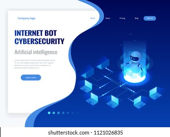 Isometric Internet bot and cybersecurity, artificial intelligence concept. ChatBot free robot virtual assistance of website or mobile applications. Vector illustration