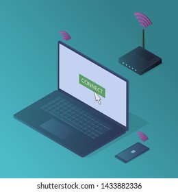 Isometric internet connection concept with laptop, mobile phone and wireless router