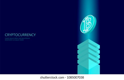 Isometric internet cryptocurrency coin business concept. Blue glowing isometric Bitcoin coin finance mining pc smartphone future technology. 3D infographic vector illustration