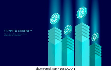 Isometric internet cryptocurrency coin business concept. Blue glowing isometric Bitcoin Ethereum Ripple GCC coin finance mining pc smartphone future technology. 3D infographic vector illustration