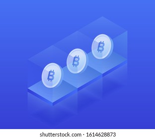 Isometric internet cryptocurrency coin business concept. Blue glowing isometric Bitcoin coin. 3D infographic vector illustration
