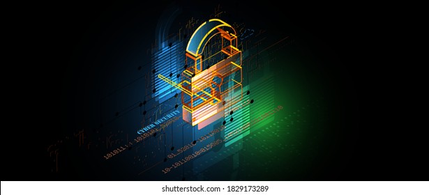 Isometric internet digital security technology concept for business background. Lock on circuit board