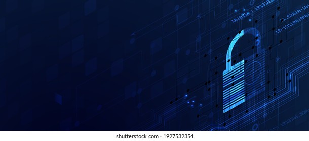 Isometric internet digital security technology concept for business background. Lock on circuit board