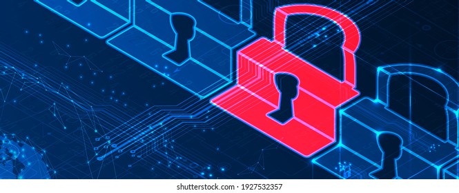Isometric internet digital security technology concept for business background. Lock on circuit board