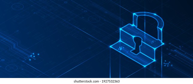 Isometric internet digital security technology concept for business background. Lock on circuit board