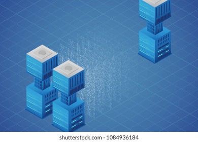 Isometric internet equipment illustration. Data transmission technology and data protection. Graphic concept for your design.
