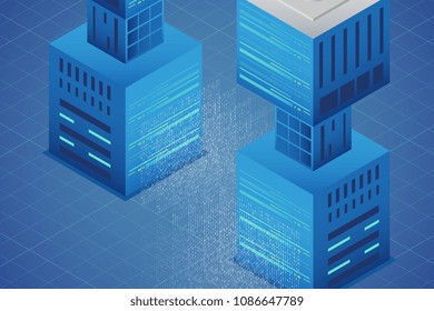 Isometric internet equipment illustration. Data transmission technology and data protection. Graphic concept for your design.