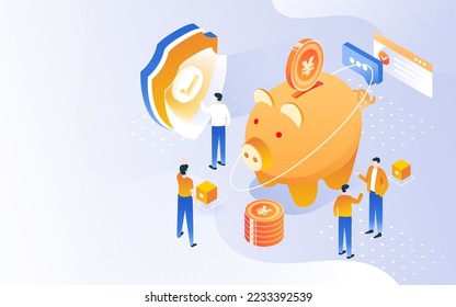 Isometric internet finance with various gold coins and people in the background, vector illustration