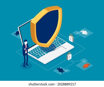 Isometric internet hacker attack and personal data security. Computer security technology concept