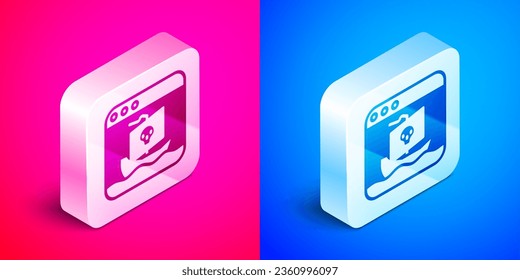 Isometric Internet piracy icon isolated on pink and blue background. Online piracy. Cyberspace crime with file download and movies sharing. Silver square button. Vector