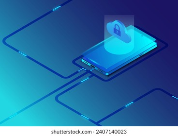 Isometric internet security banner design. cloud computing and multimedia network technology smartphone isometric. Cyber protection graphic vector.