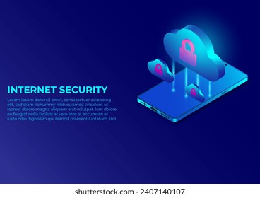 Isometric internet security banner design. cloud computing and multimedia network technology smartphone isometric. Cyber protection graphic vector.