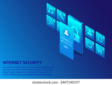 Diseño de pancartas de seguridad de internet isométricas. informática en la nube y tecnología de red multimedia smartphone isométrico. Vector gráfico de protección cibernética.