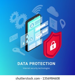 Isometric internet security banner on gradient background. Data protection vector illustration with smartphone, 3d screen, icons and shield. Safety and confidential personal information concept