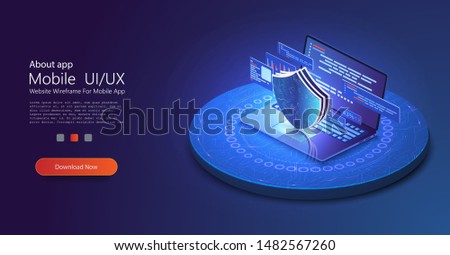 Isometric internet security concept. Data protection vector illustration with laptop, 3d screen and shield. Gdpr concept. Software, web development, program code on screen laptop programming. Vector