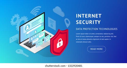 Isometric internet security horizontal banner on blue background. Data protection vector illustration with laptop, 3d screen and shield. Safety and confidential personal information concept