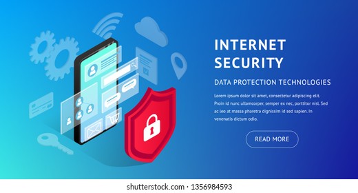 Isometric internet security horizontal banner on blue background. Data protection vector illustration with smartphone, 3d screen and shield. Safety and confidential personal information concept