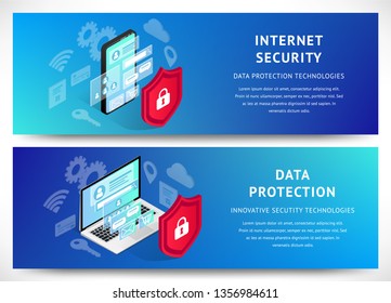 Isometric internet security horizontal narrow banners set. Data protection vector illustration with smartphone, 3d screen and shield. Safety and confidential personal information concept