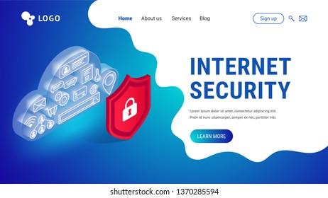 Isometric Internet security landing page on fluid background. Data storage protection Web design vector template. Safety and confidential information concept. Icon in glowing cyber cloud behind shield