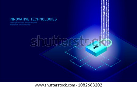 Isometric internet security lock business concept. Blue glowing isometric personal information data connection pc smartphone future technology. 3D infographic vector illustration