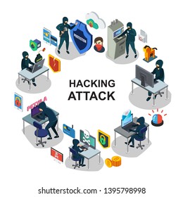 Isometric internet security round concept with hackers computer mobile servers laptop atm payment card hacking siren trojan bomb shields vector illustration