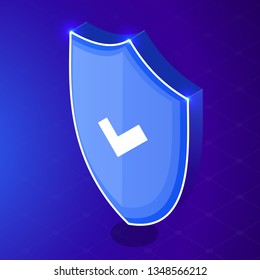 Isometric internet security shield business concept. Network data security isometric vector illustration. Neon shield. Shield with check mark.