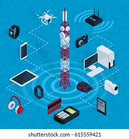 Isometric internet technology concept with radio tower electronic devices and gadgets on blue hexagonal grid isolated vector illustration