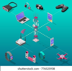 Concepto de tecnología de Internet isométrica con señales inalámbricas desde torre de radio a dispositivos electrónicos y gadgets ilustraciones vectoriales aisladas