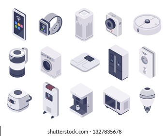 Isometric internet of things devices. Smart watch, household appliances and wireless controlled microwave. Smartphone, robotic kettle and camera. 3d vector illustration isolated icons set