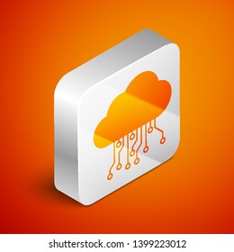 Isometric Internet of things icon isolated on orange background. Cloud computing design concept. Digital network connection. Silver square button. Vector Illustration